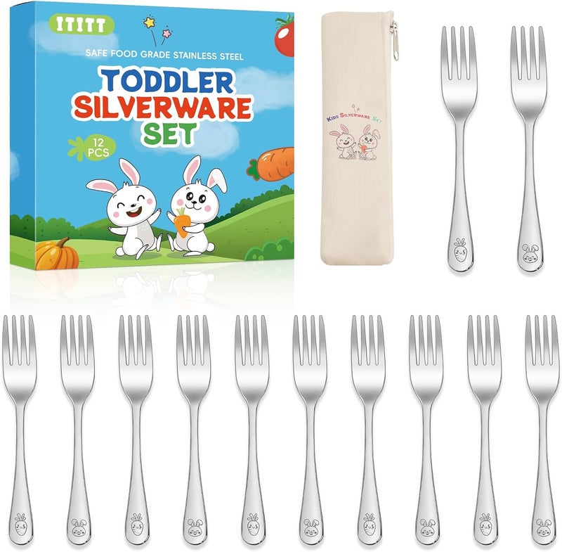 ITITT 12 Pieces Stainless Steel Toddler Forks Set Kids Forks - Food Grade Kids Silverware Set Children Safe Small Forks Mirror Polished Sturdy and Durable Dishwasher Safe - Image 1